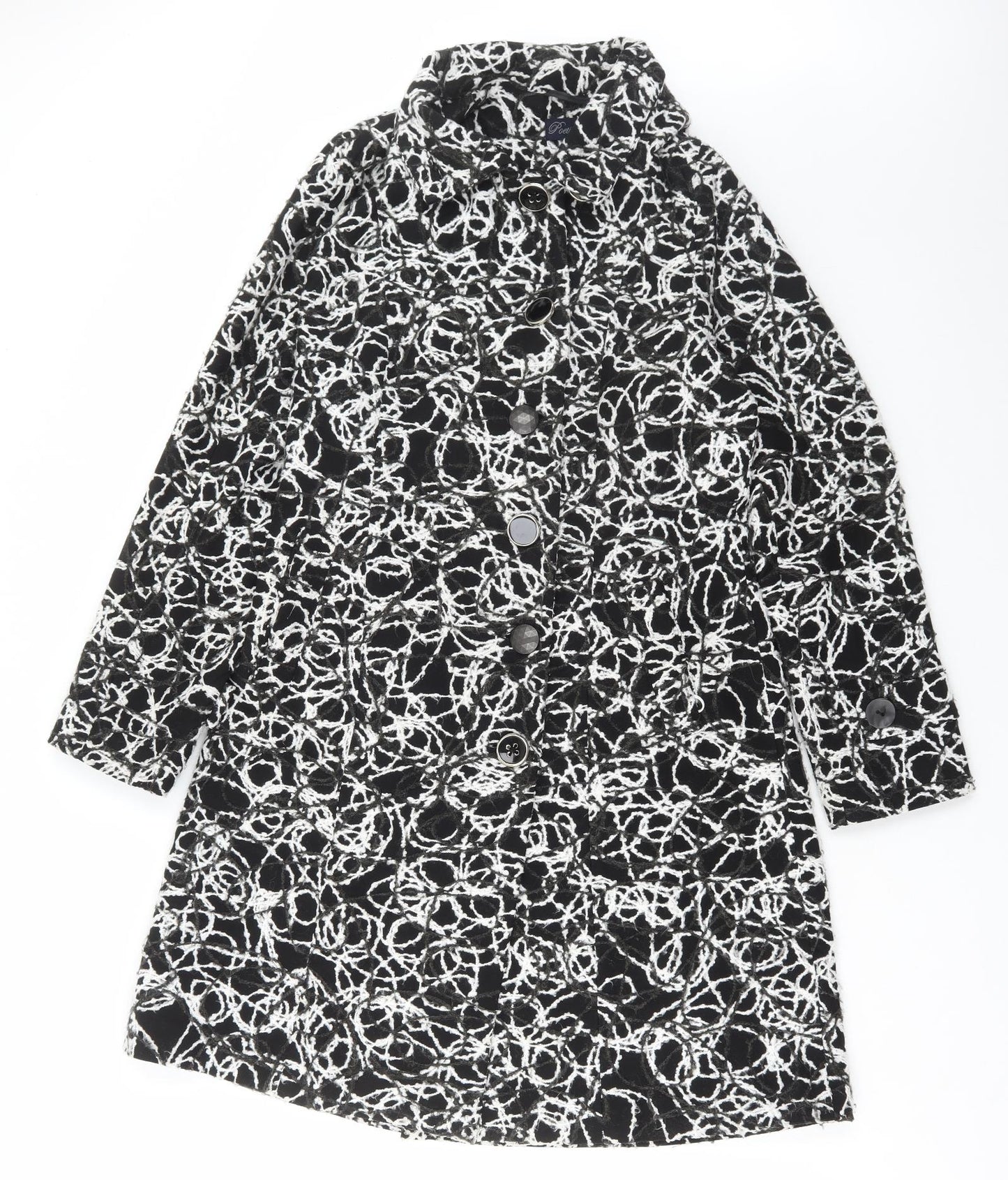 Poetic Sand Womens Black Geometric Overcoat Coat Size 12 Button