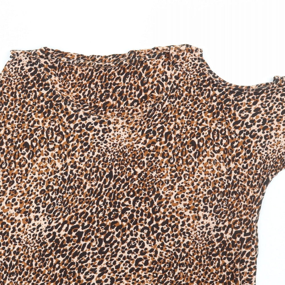 NEXT Womens Brown Animal Print Viscose Basic T-Shirt Size 12 Scoop Neck - Cold Shoulder