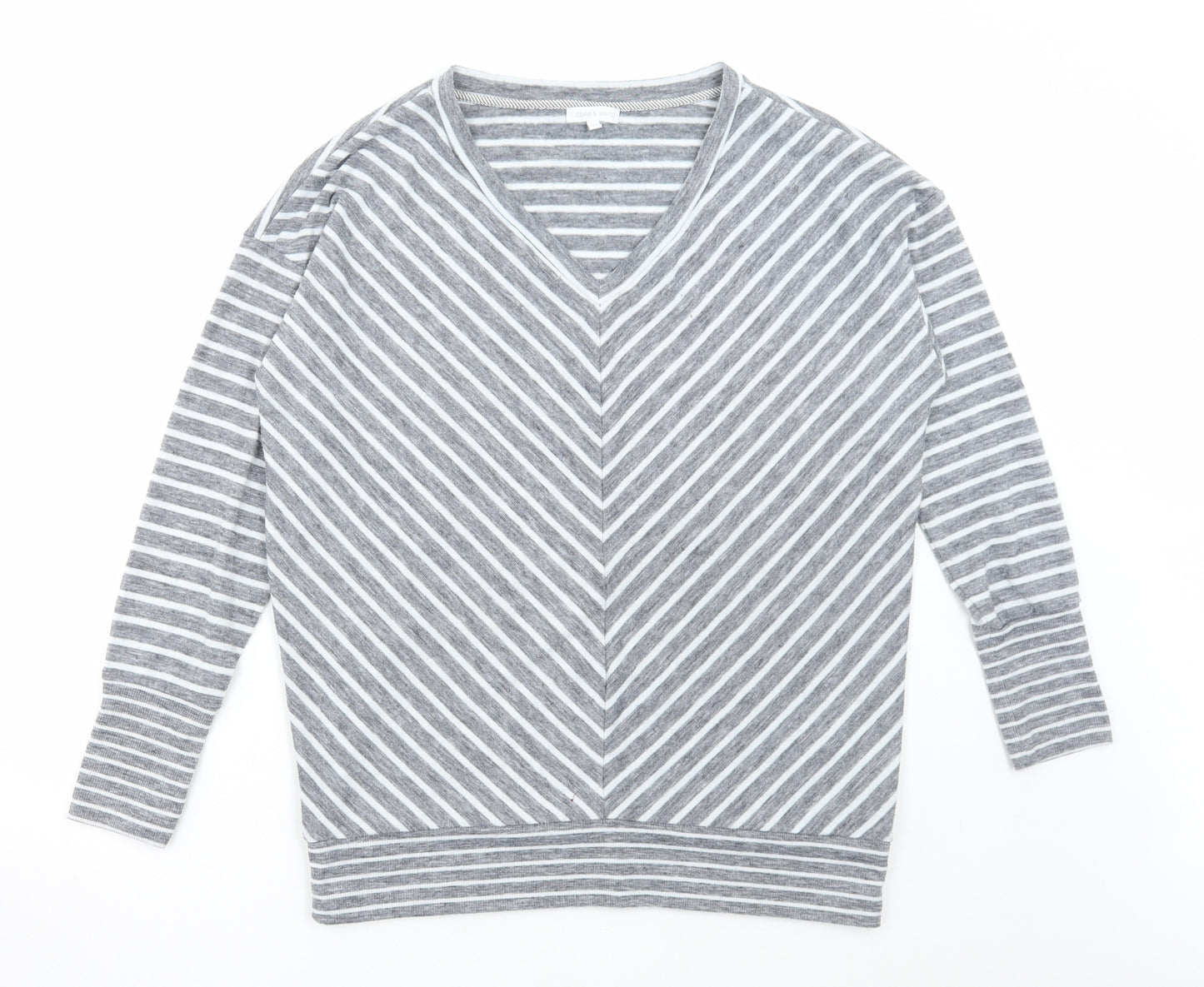 Deane & White Womens Grey Striped Polyester Basic T-Shirt Size L V-Neck