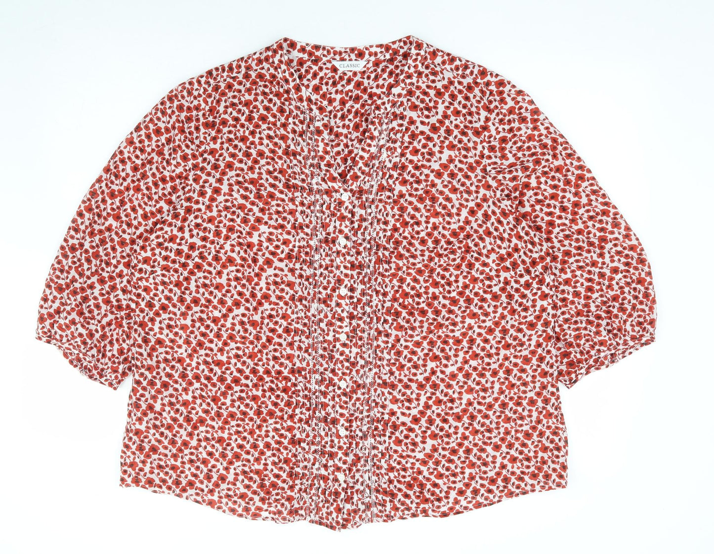Classic Womens Red Floral Polyester Jersey Blouse Size L V-Neck