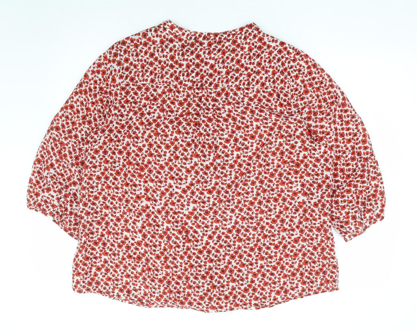 Classic Womens Red Floral Polyester Jersey Blouse Size L V-Neck
