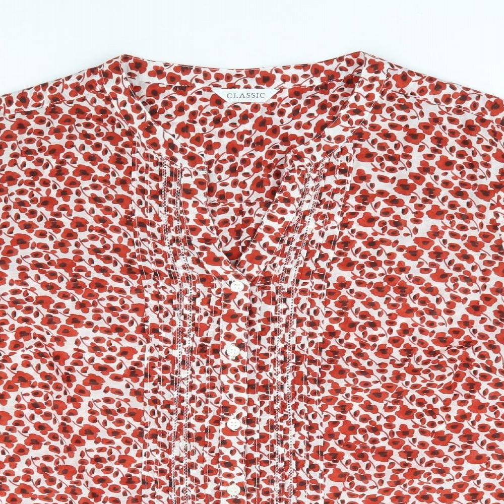 Classic Womens Red Floral Polyester Jersey Blouse Size L V-Neck