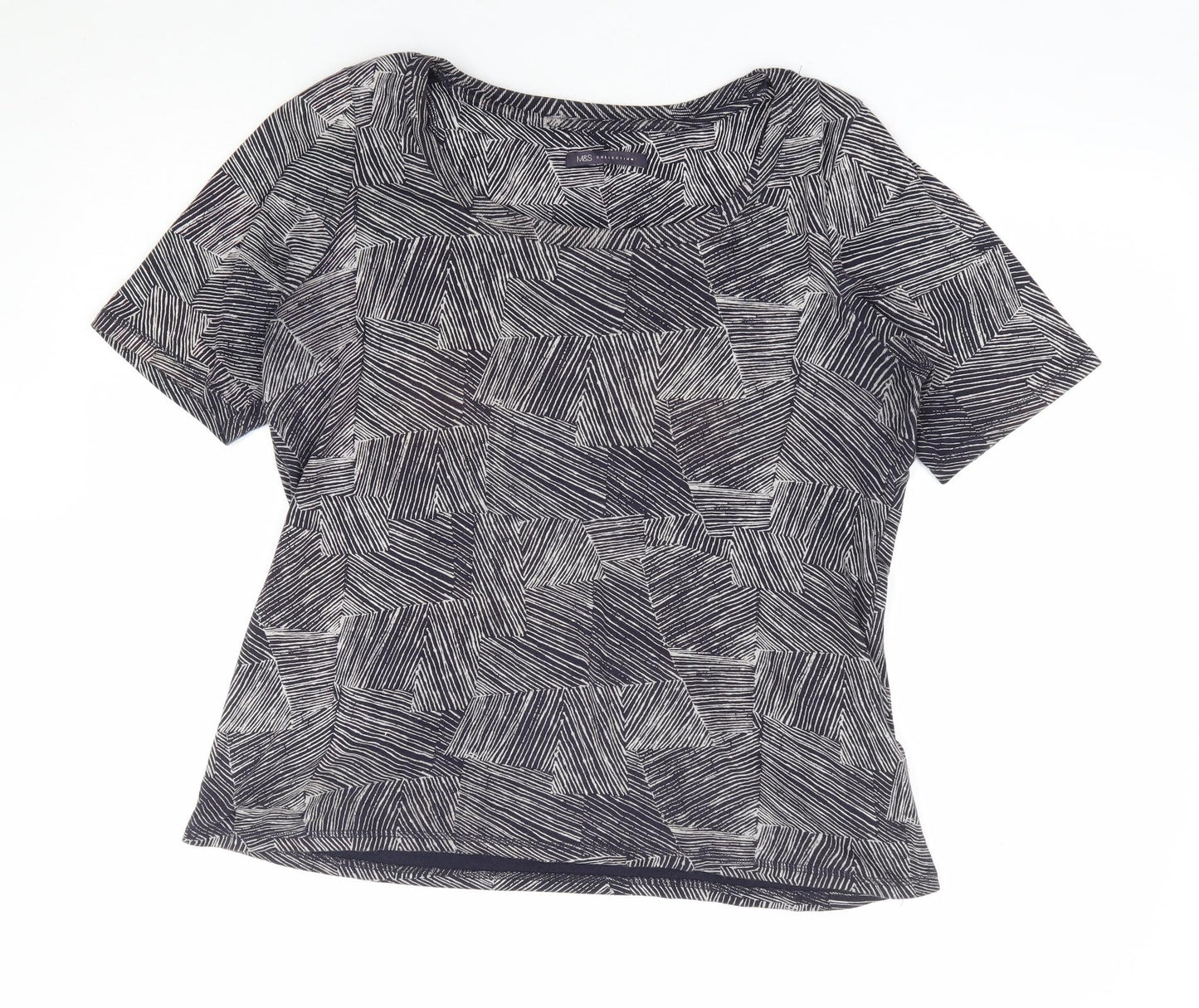 Marks and Spencer Womens Black Geometric 100% Cotton Basic T-Shirt Size 16 Scoop Neck