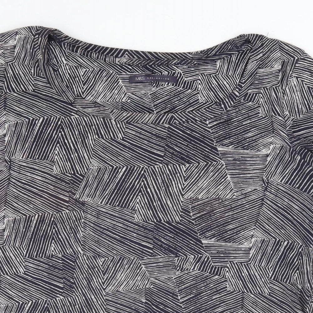 Marks and Spencer Womens Black Geometric 100% Cotton Basic T-Shirt Size 16 Scoop Neck