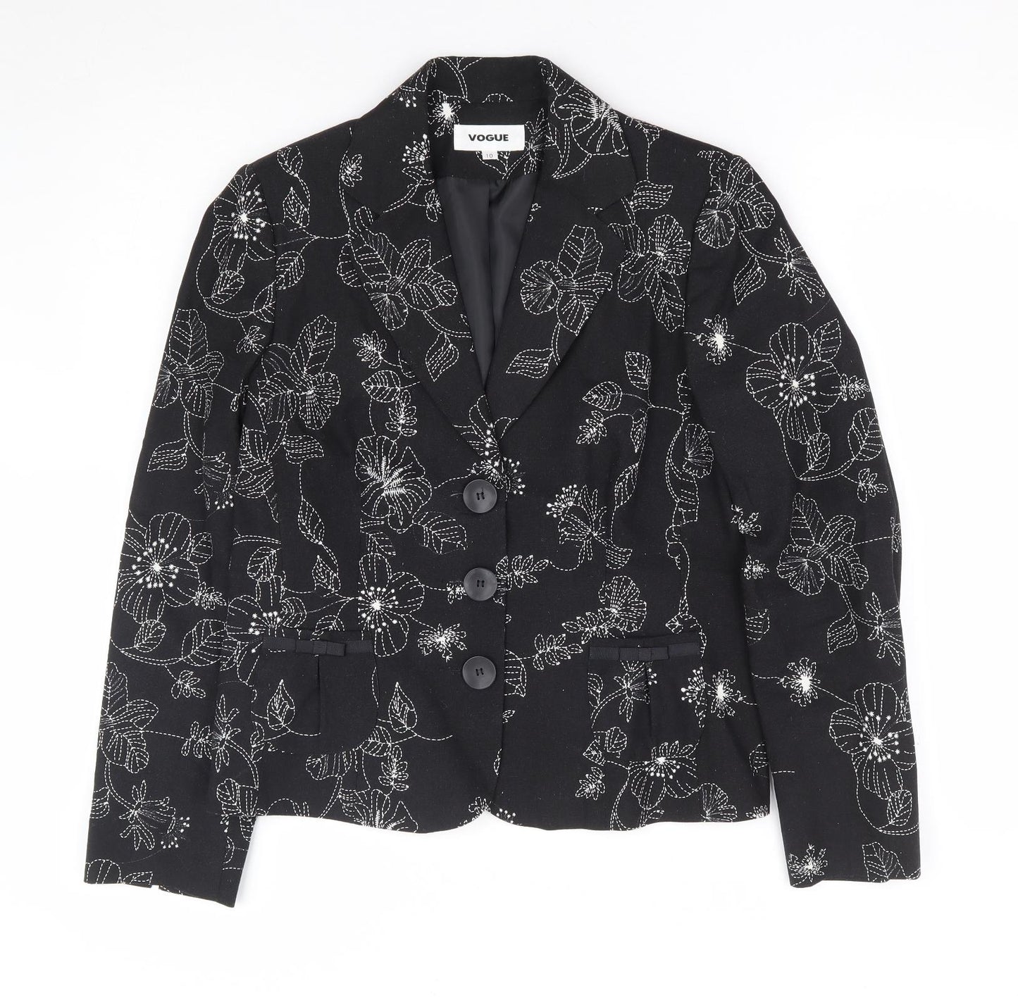 Vogue Womens Black Floral Viscose Jacket Blazer Size 10 - Embroidered