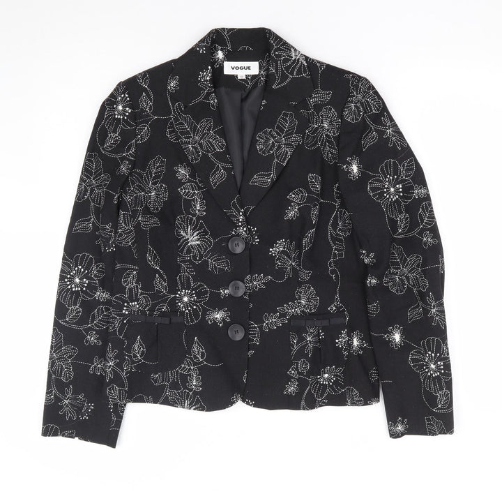 Vogue Womens Black Floral Viscose Jacket Blazer Size 10 - Embroidered
