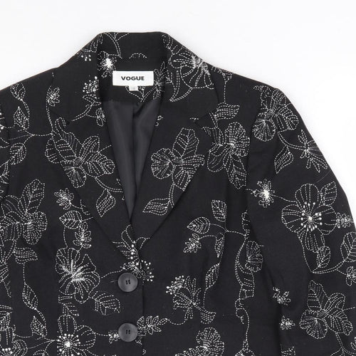 Vogue Womens Black Floral Viscose Jacket Blazer Size 10 - Embroidered