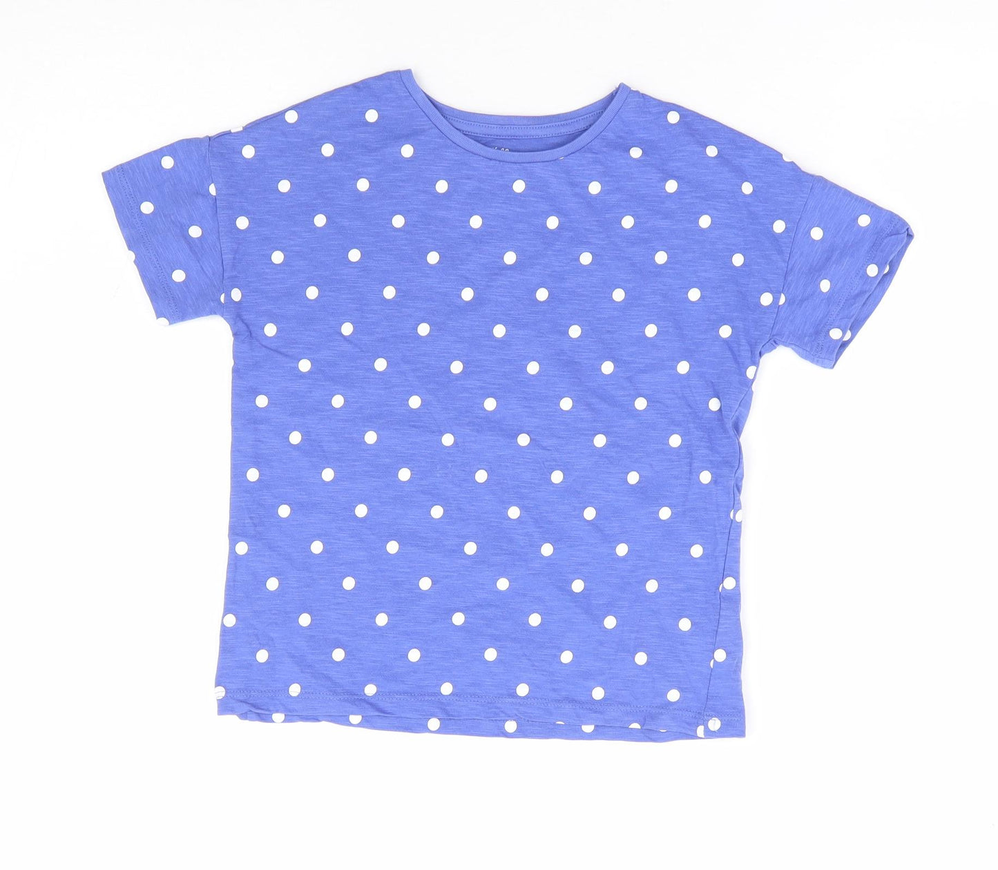 F&F Girls Blue Polka Dot Cotton Basic T-Shirt Size 6-7 Years Round Neck Pullover