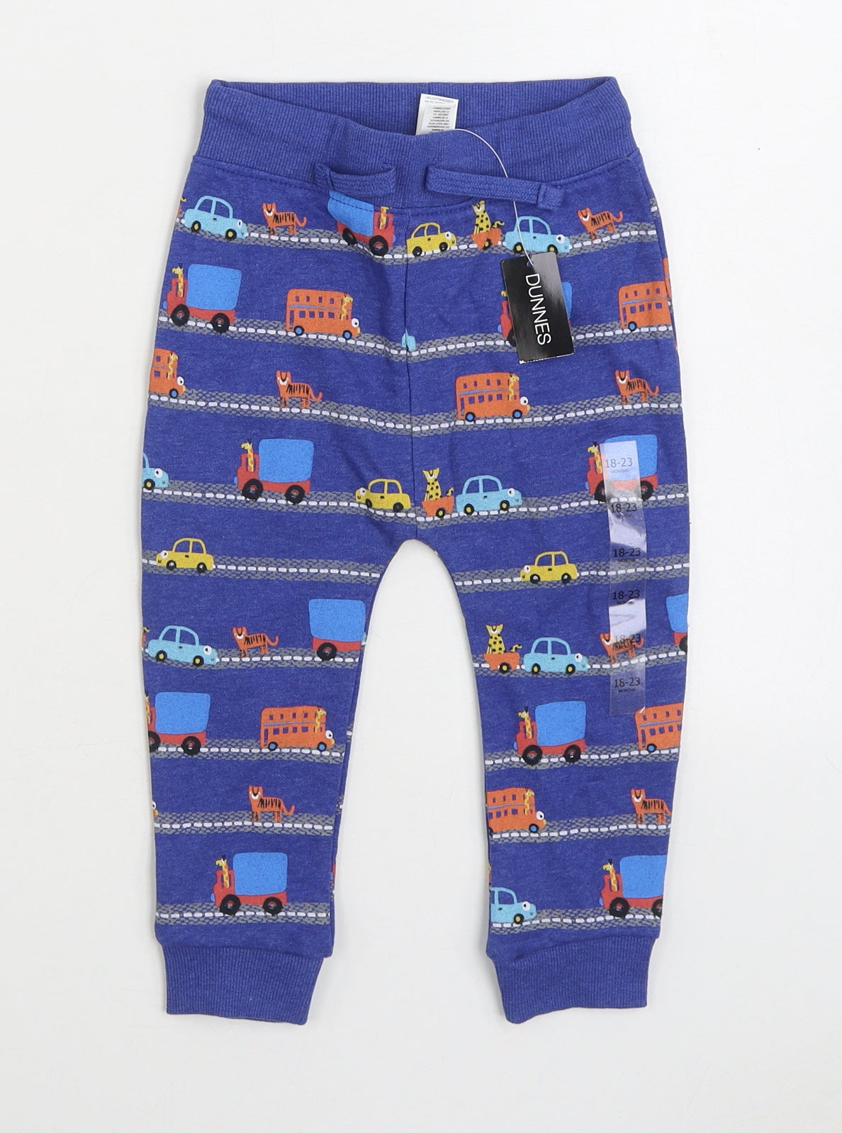 Dunnes Stores Boys Blue Geometric Cotton Jogger Trousers Size 18-24 Months Drawstring - vehicles