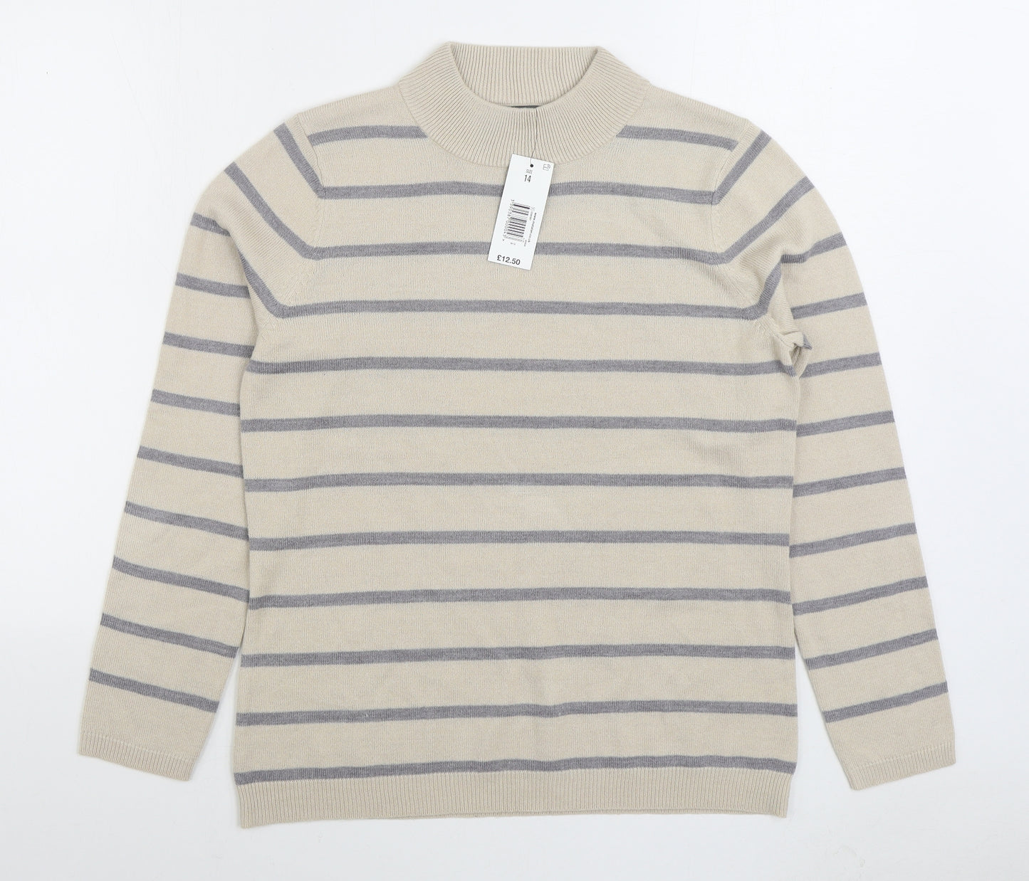 Matalan Womens Beige Mock Neck Striped Acrylic Pullover Jumper Size 14