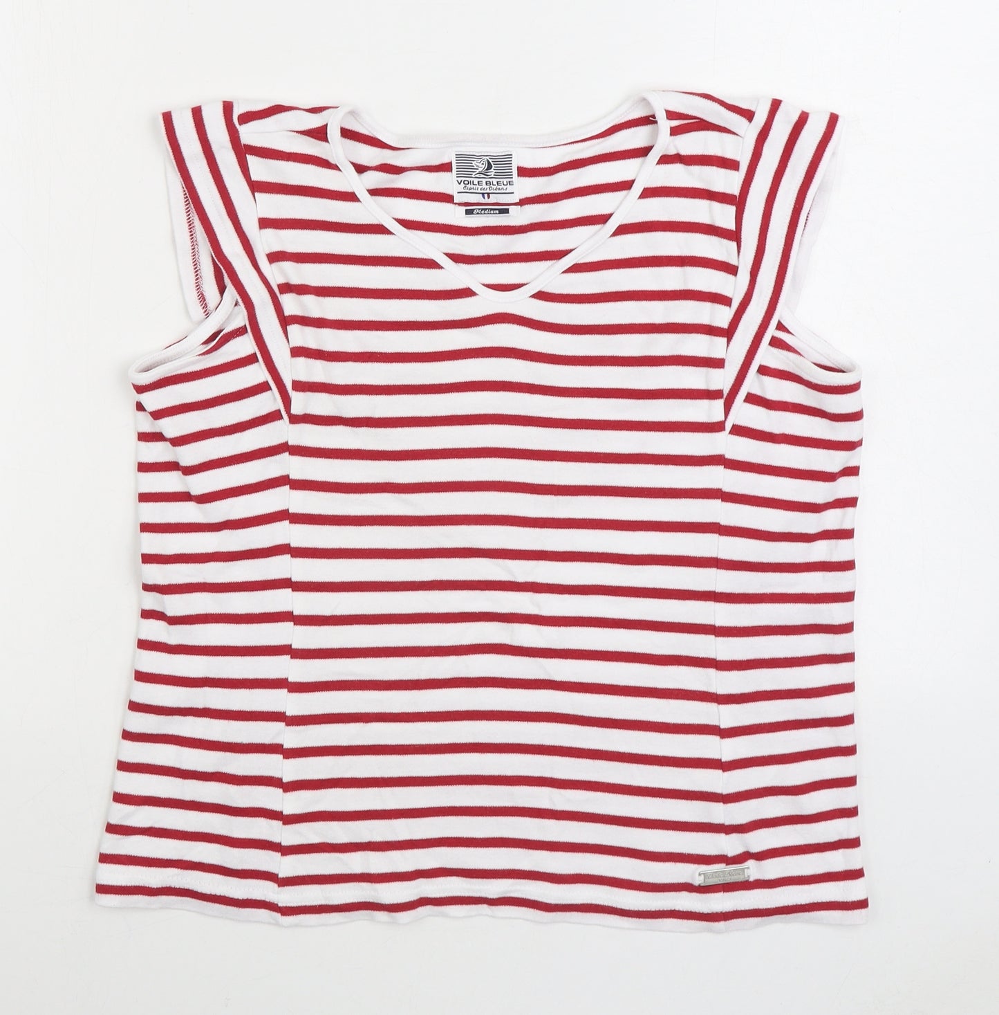 Voile Bleue Womens Red Striped 100% Cotton Basic T-Shirt Size M V-Neck