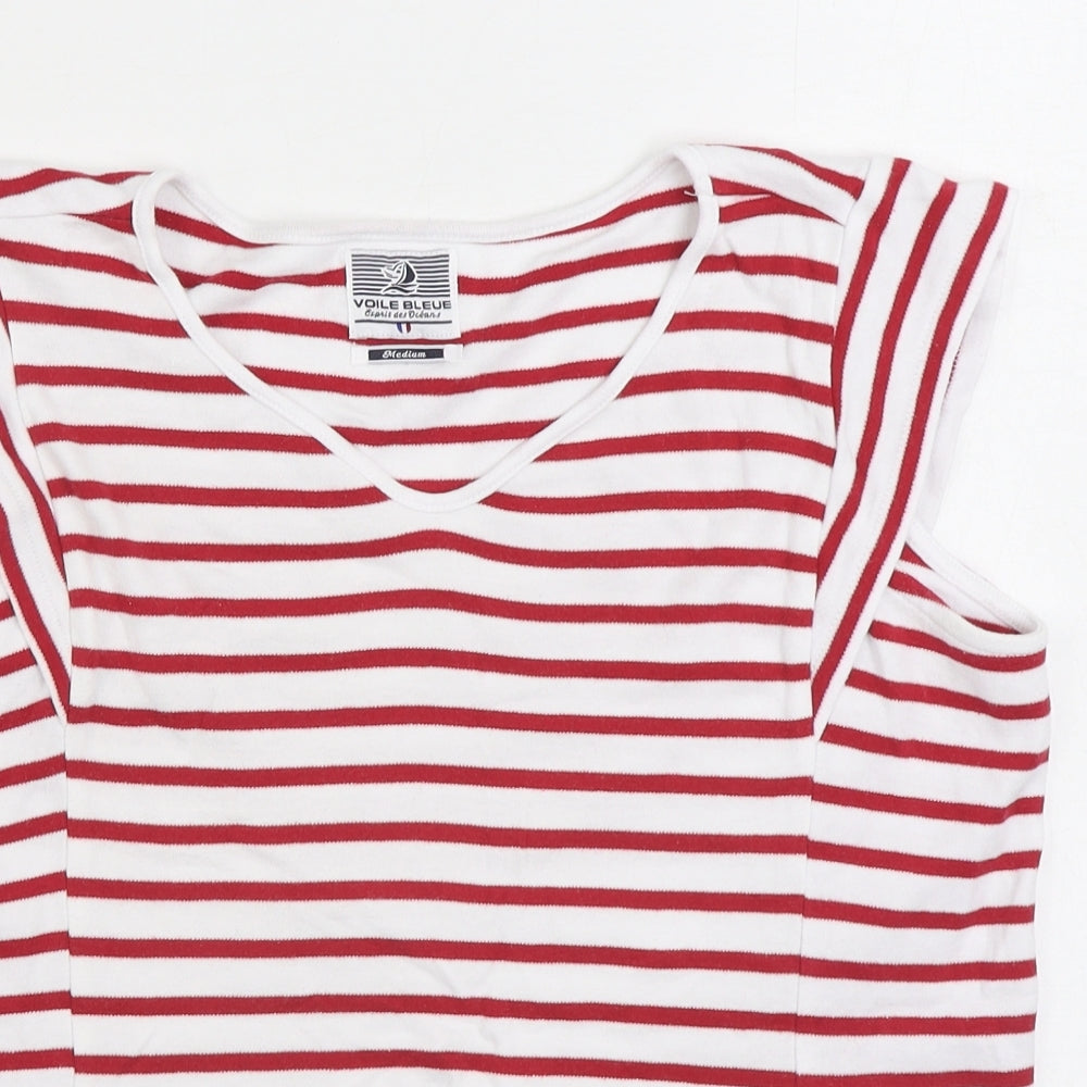 Voile Bleue Womens Red Striped 100% Cotton Basic T-Shirt Size M V-Neck