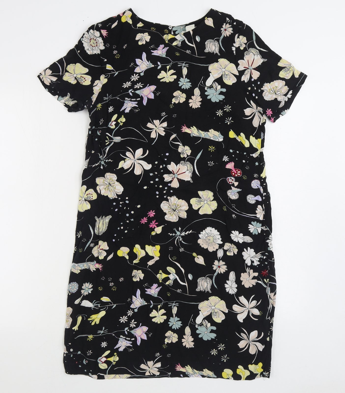 H&M Womens Black Floral Viscose Sheath Size 8 Boat Neck Button