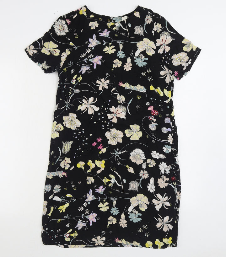 H&M Womens Black Floral Viscose Sheath Size 8 Boat Neck Button