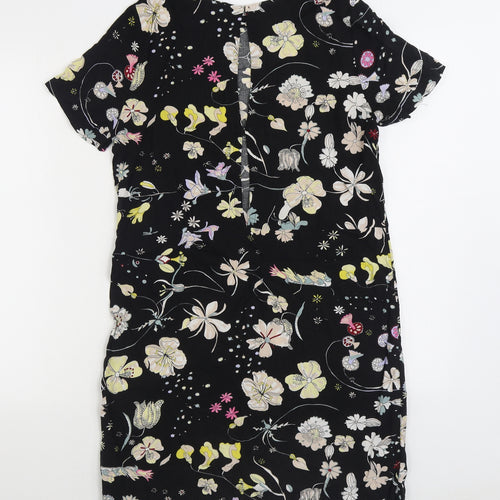 H&M Womens Black Floral Viscose Sheath Size 8 Boat Neck Button