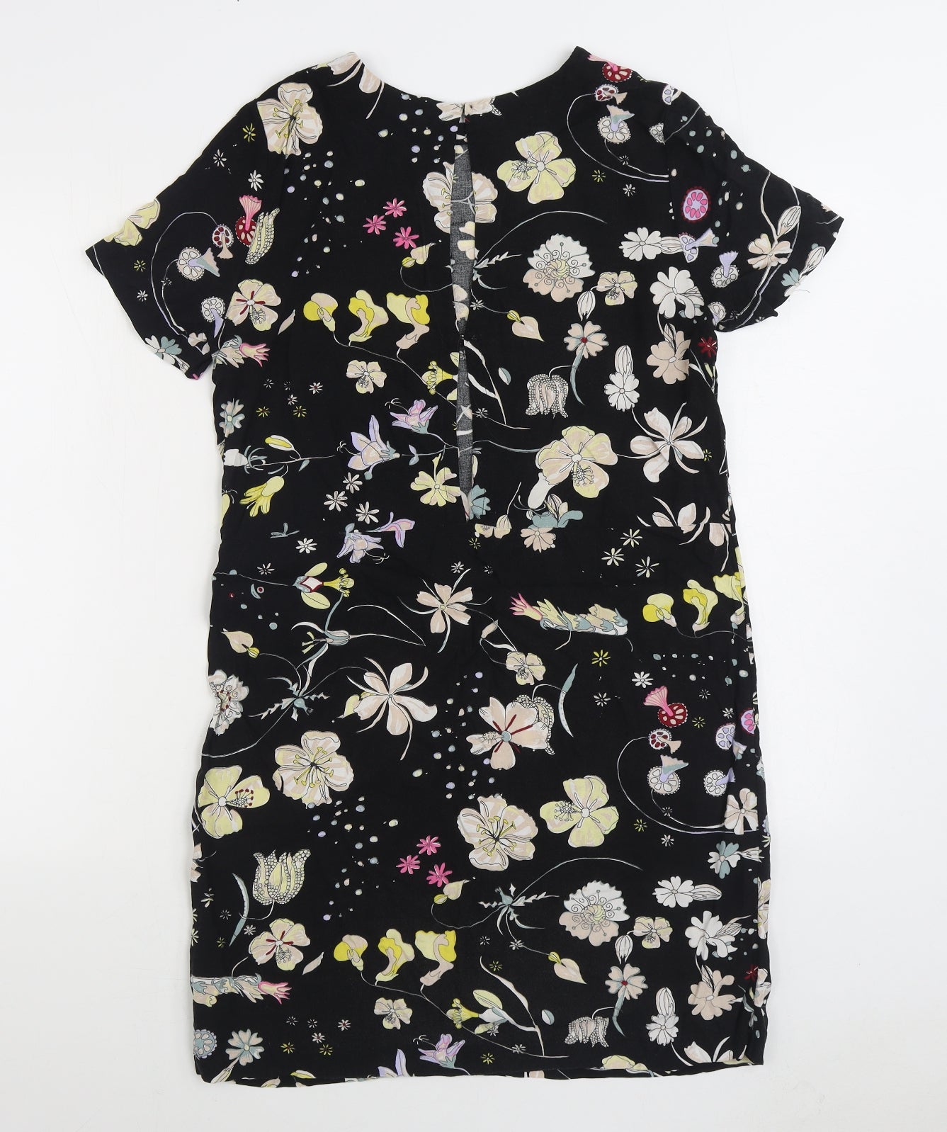 H&M Womens Black Floral Viscose Sheath Size 8 Boat Neck Button