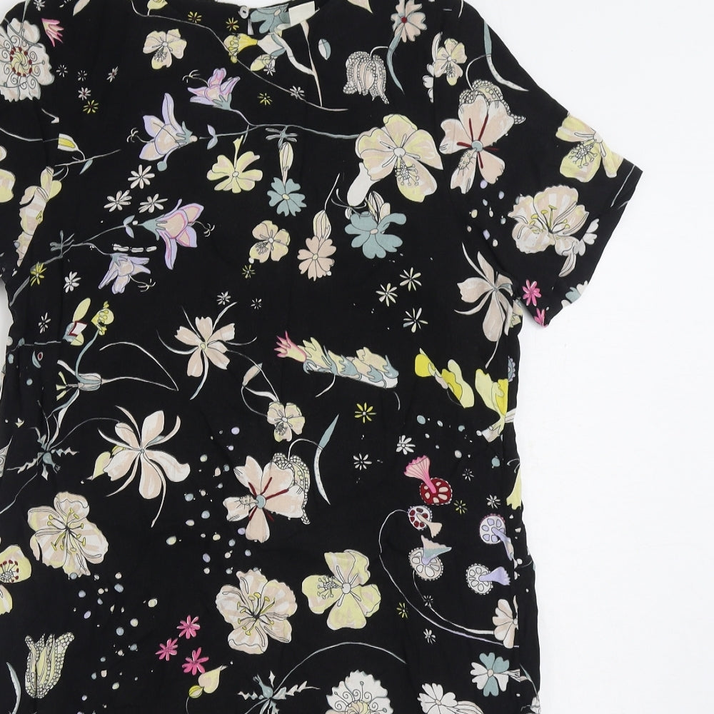 H&M Womens Black Floral Viscose Sheath Size 8 Boat Neck Button