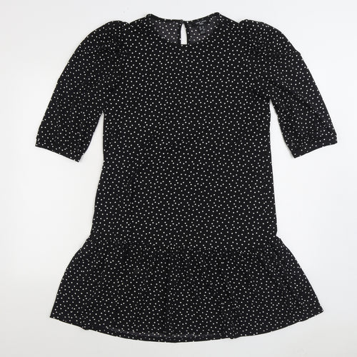 New Look Womens Black Polka Dot Polyester Fit & Flare Size 12 Round Neck Button