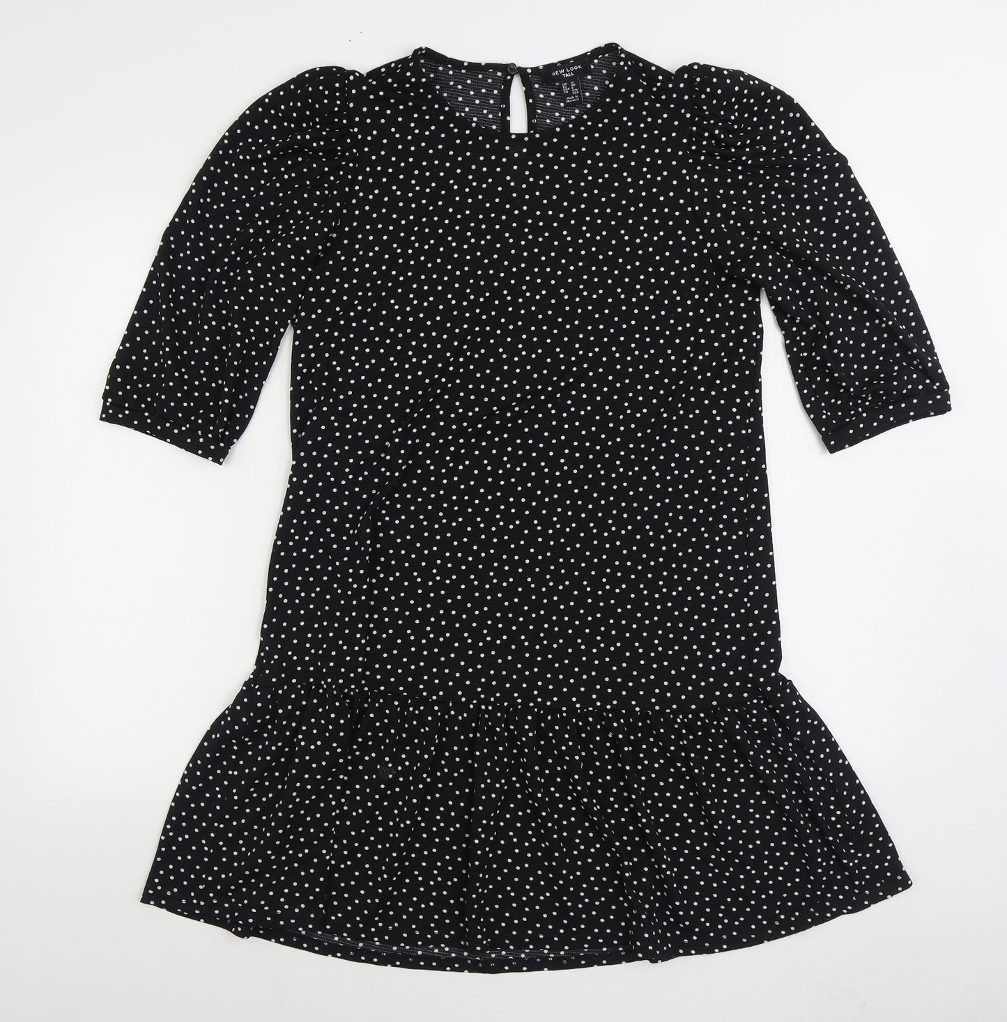 New Look Womens Black Polka Dot Polyester Fit & Flare Size 12 Round Neck Button
