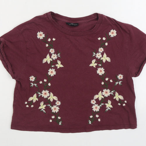 Topshop Womens Purple Floral 100% Cotton Basic T-Shirt Size 4 Round Neck