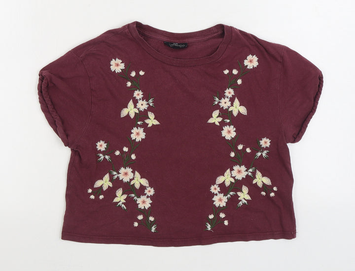 Topshop Womens Purple Floral 100% Cotton Basic T-Shirt Size 4 Round Neck