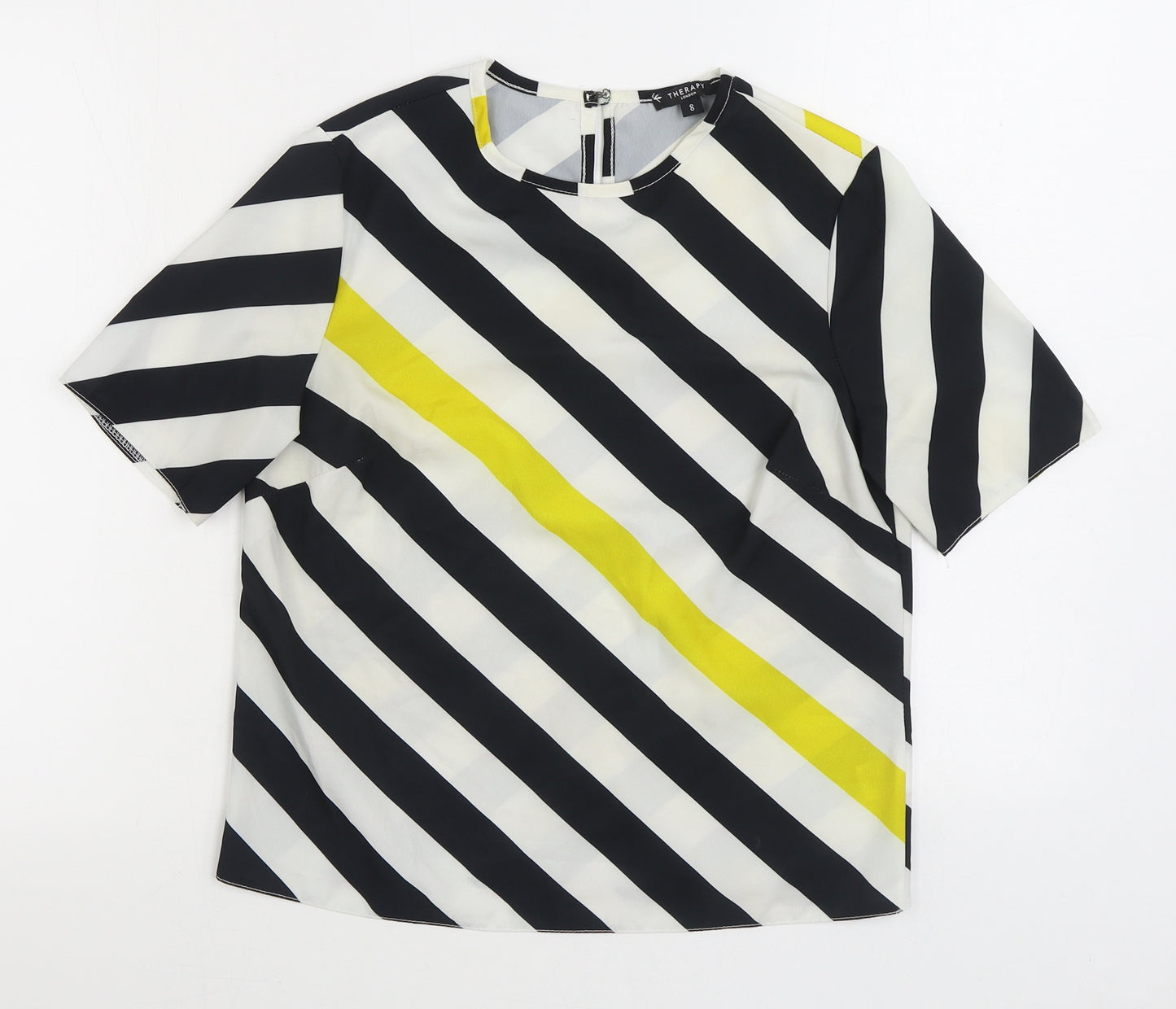 Therapy Womens Black Striped Polyester Basic Blouse Size 8 Round Neck