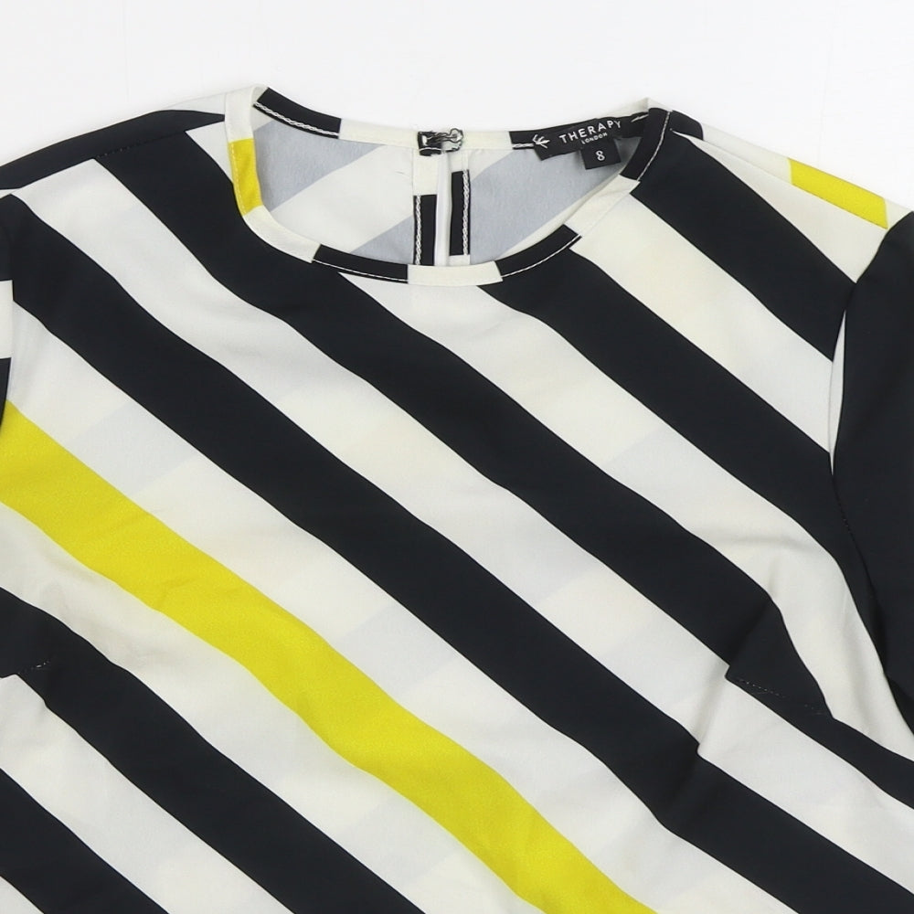 Therapy Womens Black Striped Polyester Basic Blouse Size 8 Round Neck