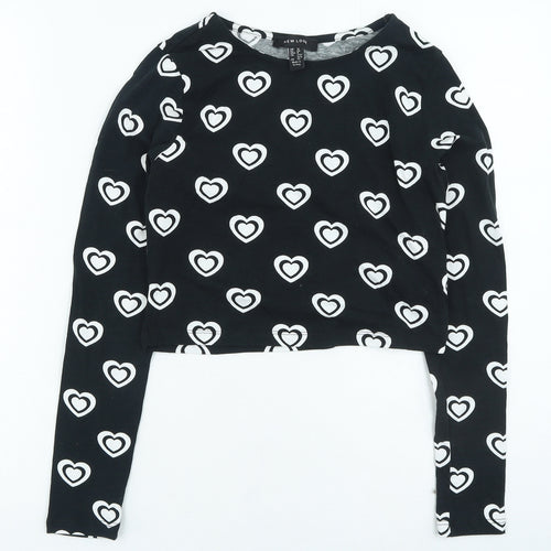 New Look Womens Black Geometric Cotton Basic T-Shirt Size 12 Round Neck - Heart
