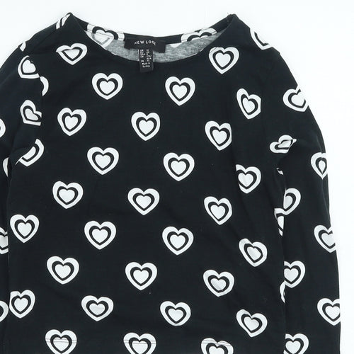 New Look Womens Black Geometric Cotton Basic T-Shirt Size 12 Round Neck - Heart