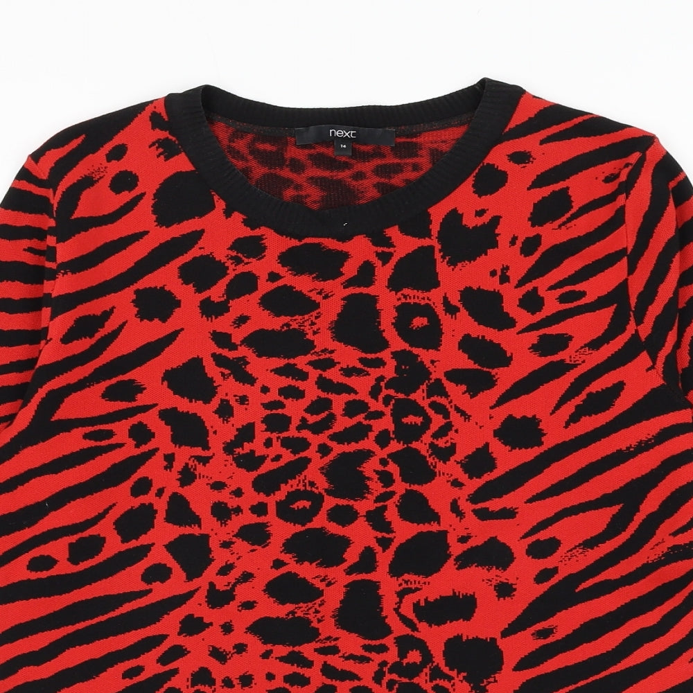 NEXT Womens Red Round Neck Animal Print Nylon Pullover Jumper Size 14