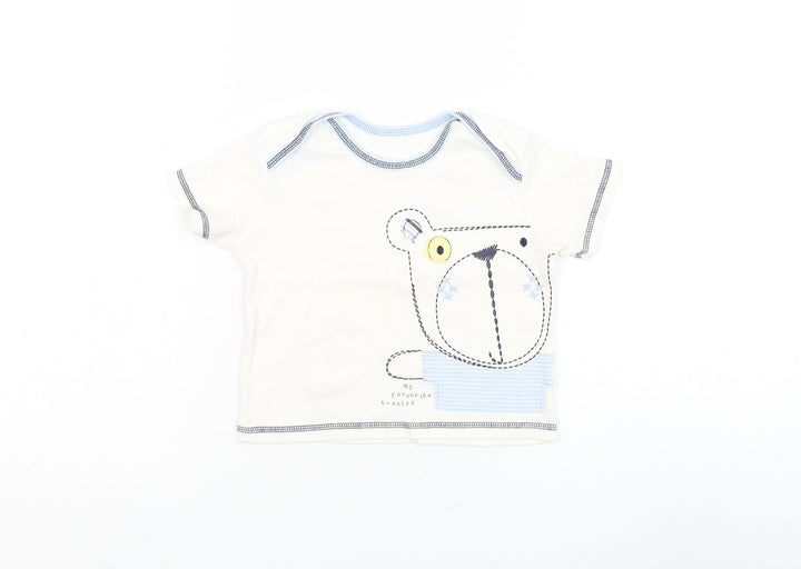 George Boys White Cotton Basic T-Shirt Size 6-9 Months Round Neck Pullover - Bear