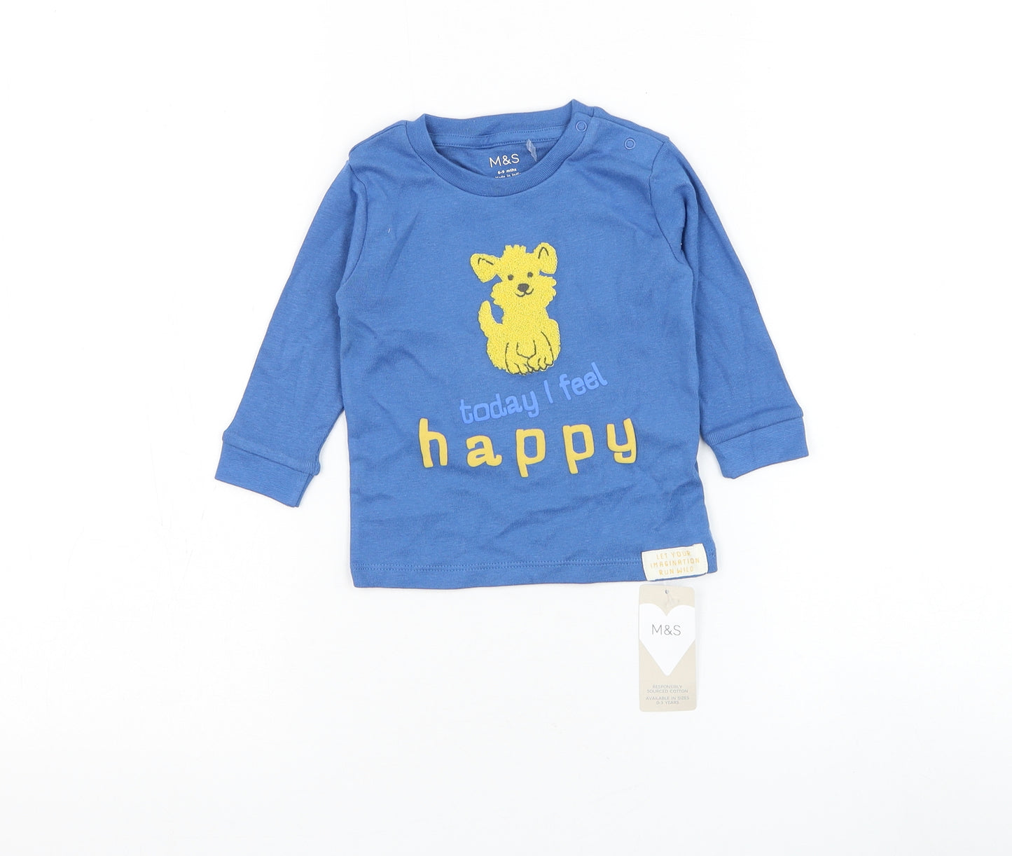 Marks and Spencer Boys Blue Cotton Basic T-Shirt Size 6-9 Months Round Neck Pullover - Today I Feel Happy