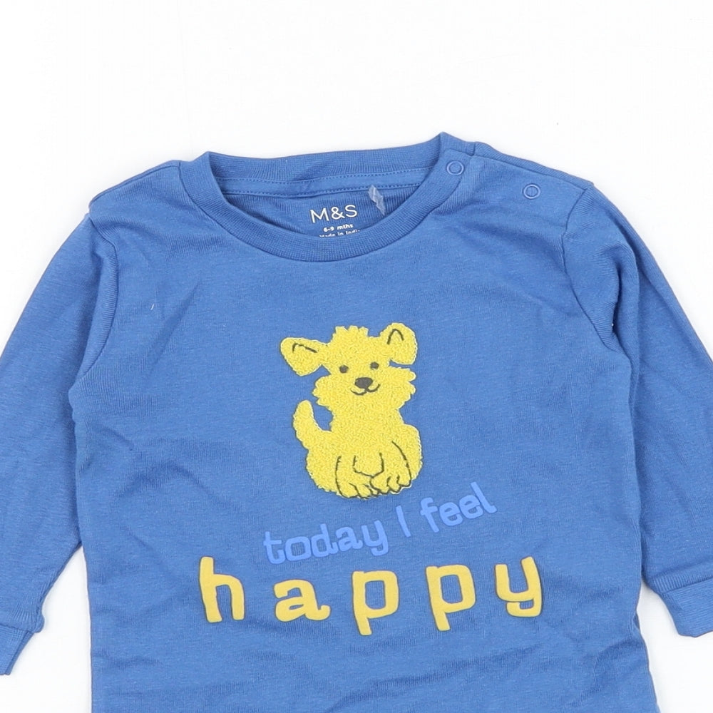 Marks and Spencer Boys Blue Cotton Basic T-Shirt Size 6-9 Months Round Neck Pullover - Today I Feel Happy