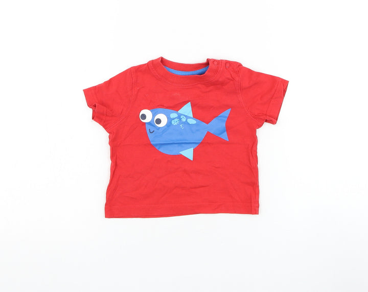 Mothercare Boys Red Cotton Basic T-Shirt Size 6-9 Months Round Neck Pullover - Shark