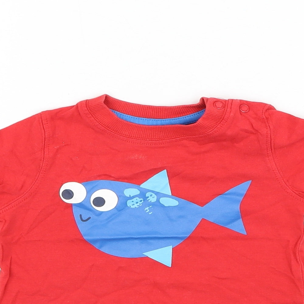 Mothercare Boys Red Cotton Basic T-Shirt Size 6-9 Months Round Neck Pullover - Shark