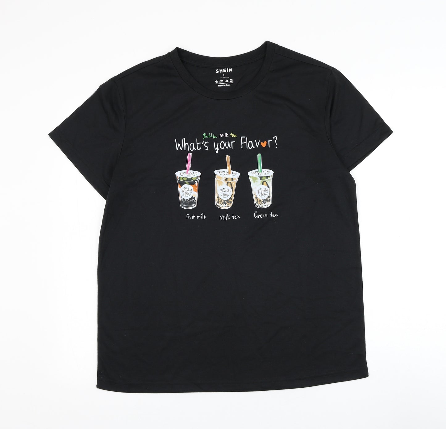 SheIn Womens Black Polyester Basic T-Shirt Size L Round Neck - Bubble Milk Tea