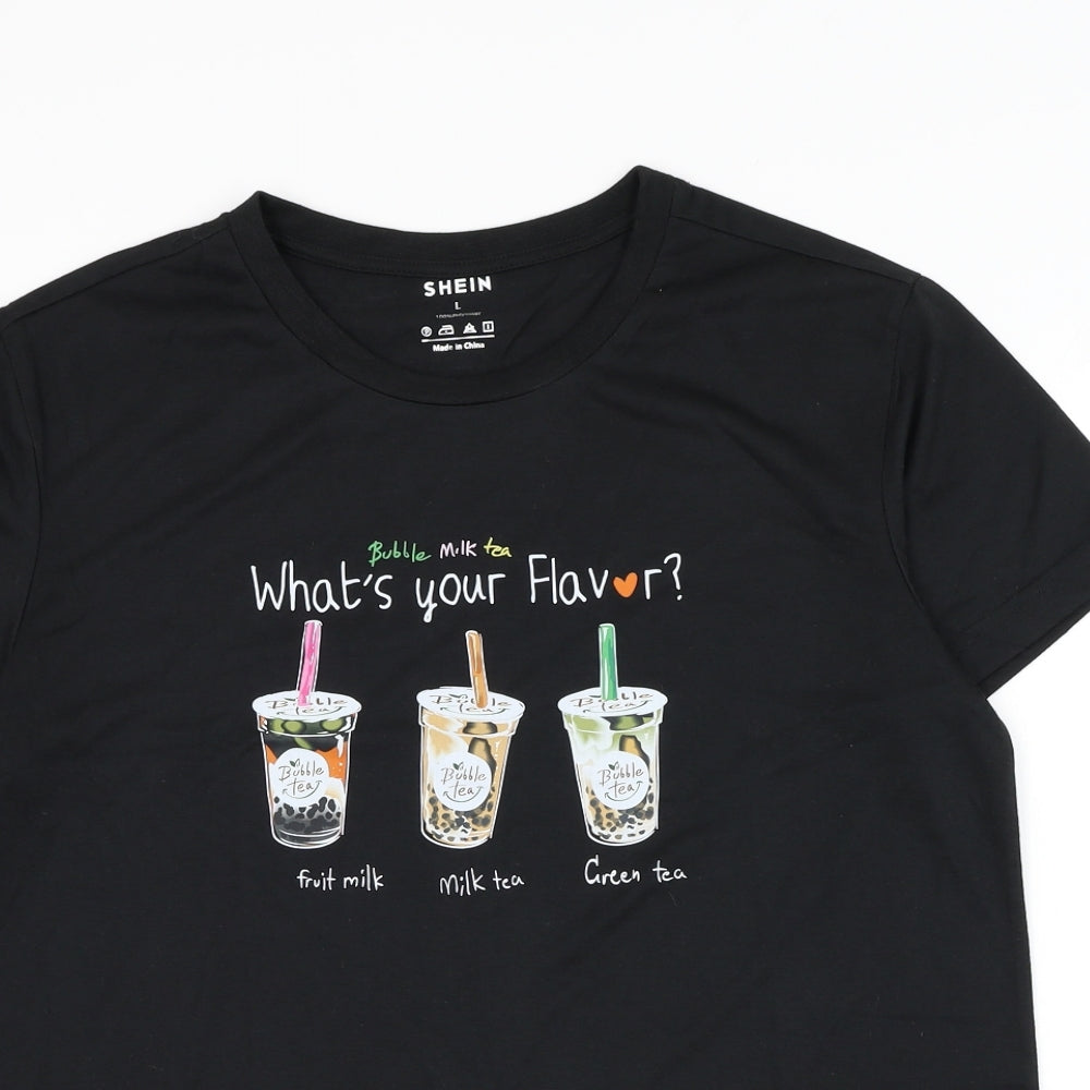 SheIn Womens Black Polyester Basic T-Shirt Size L Round Neck - Bubble Milk Tea