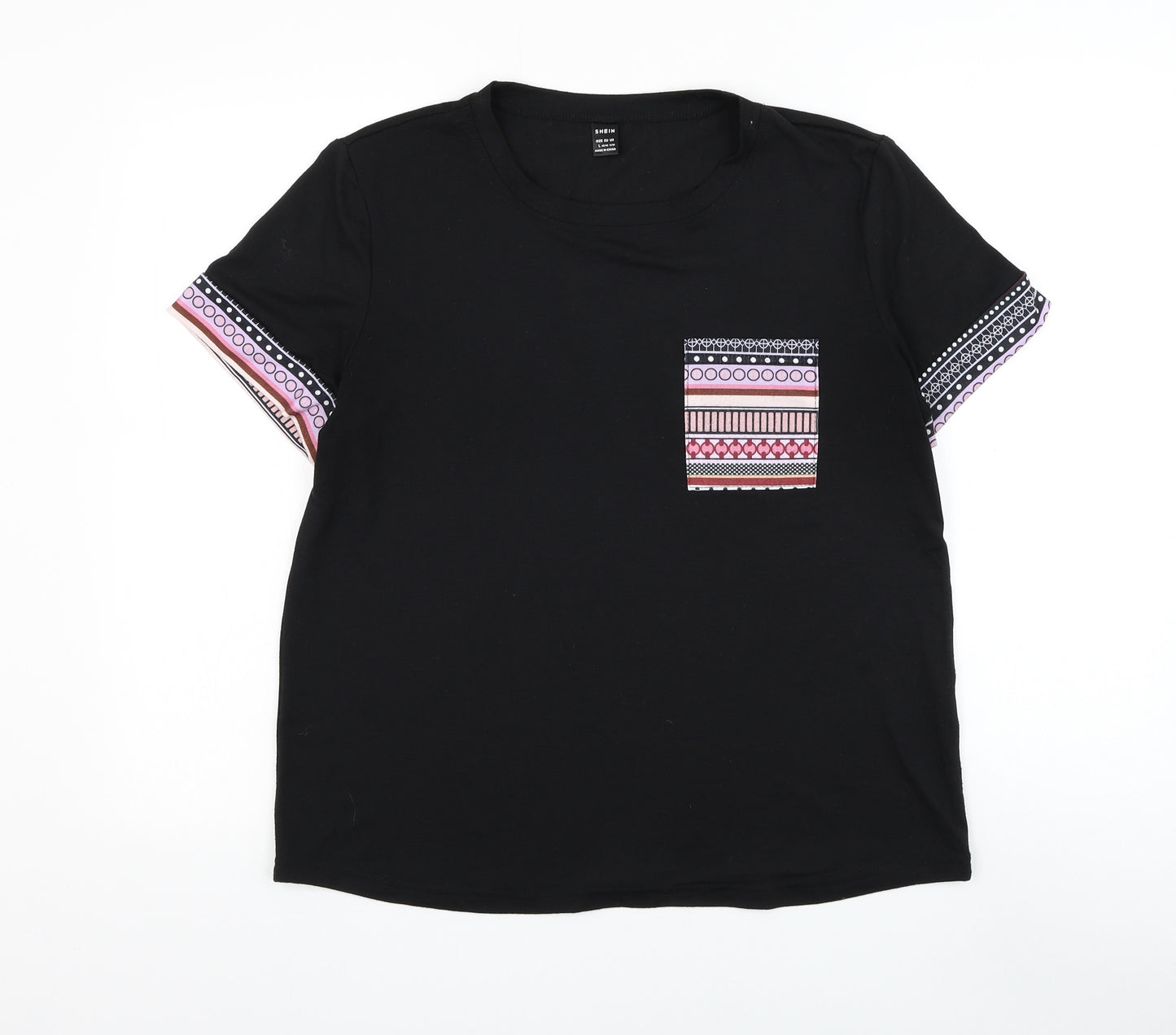 SheIn Womens Black Geometric Polyester Basic T-Shirt Size L Round Neck