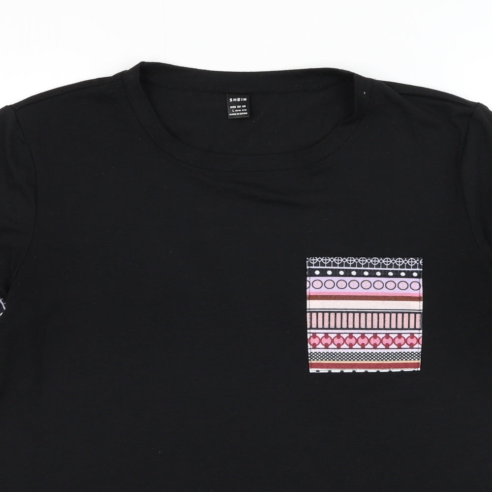 SheIn Womens Black Geometric Polyester Basic T-Shirt Size L Round Neck