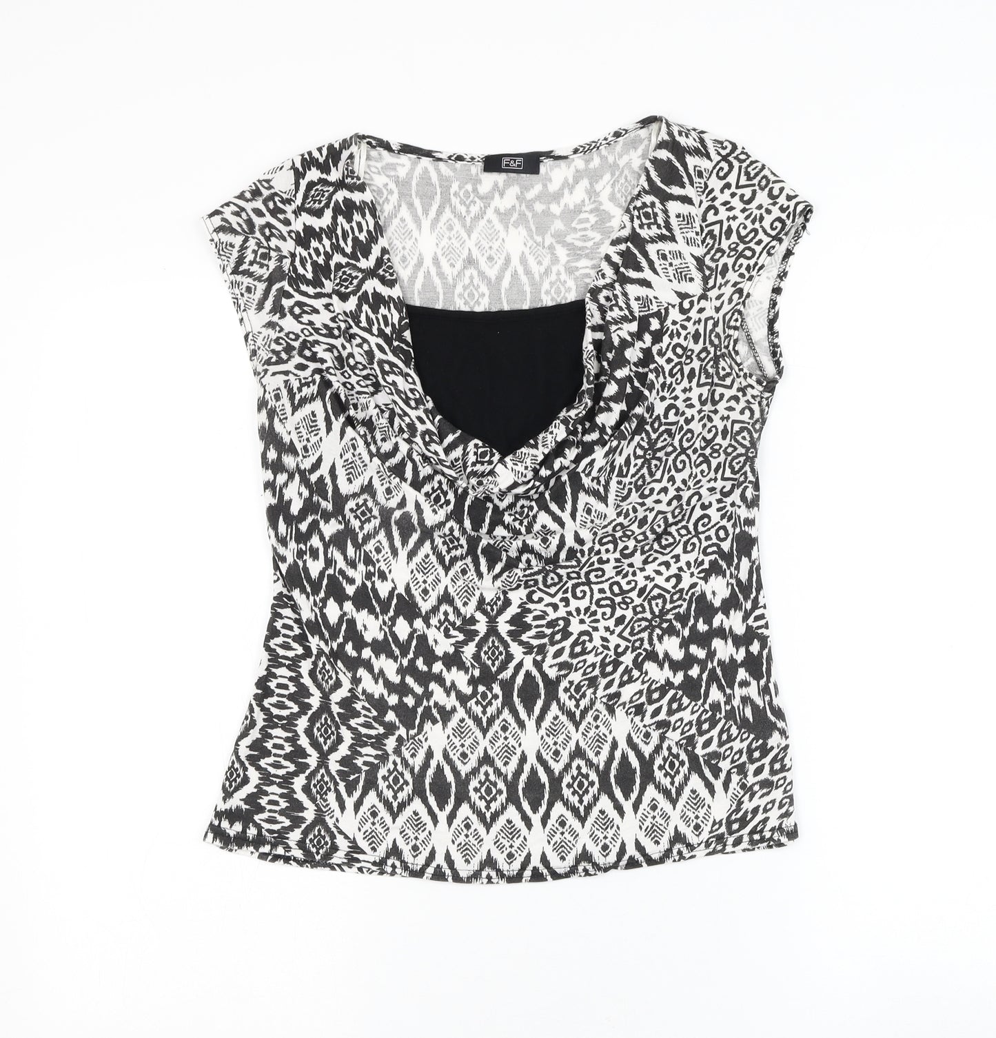 F&F Womens White Geometric Viscose Basic T-Shirt Size 12 Round Neck