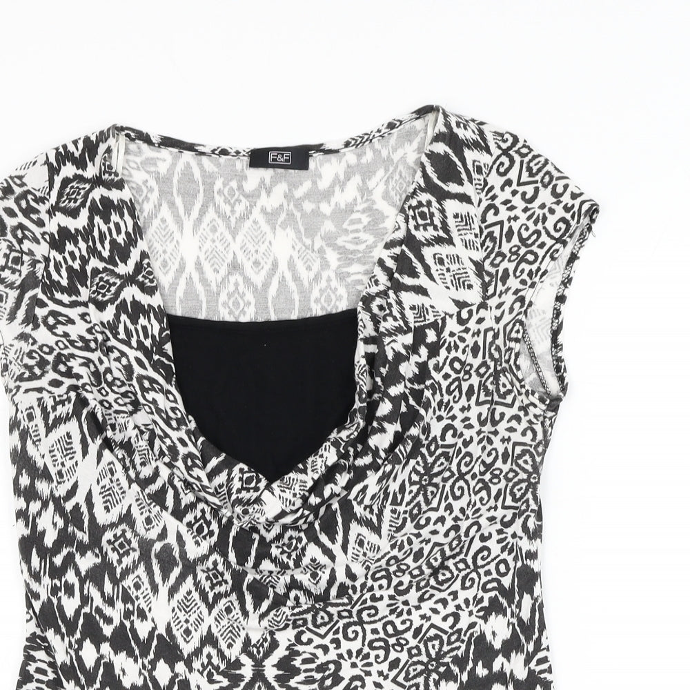 F&F Womens White Geometric Viscose Basic T-Shirt Size 12 Round Neck