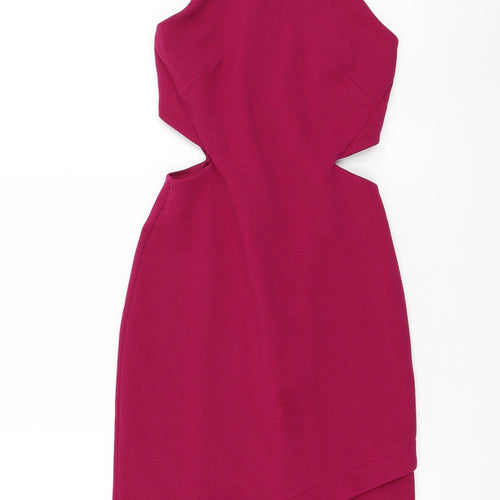 Topshop Womens Purple Polyester Bodycon Size 6 Mock Neck Zip - Cut Out Waist