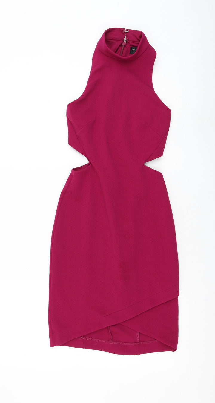 Topshop Womens Purple Polyester Bodycon Size 6 Mock Neck Zip - Cut Out Waist