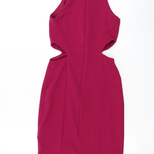 Topshop Womens Purple Polyester Bodycon Size 6 Mock Neck Zip - Cut Out Waist