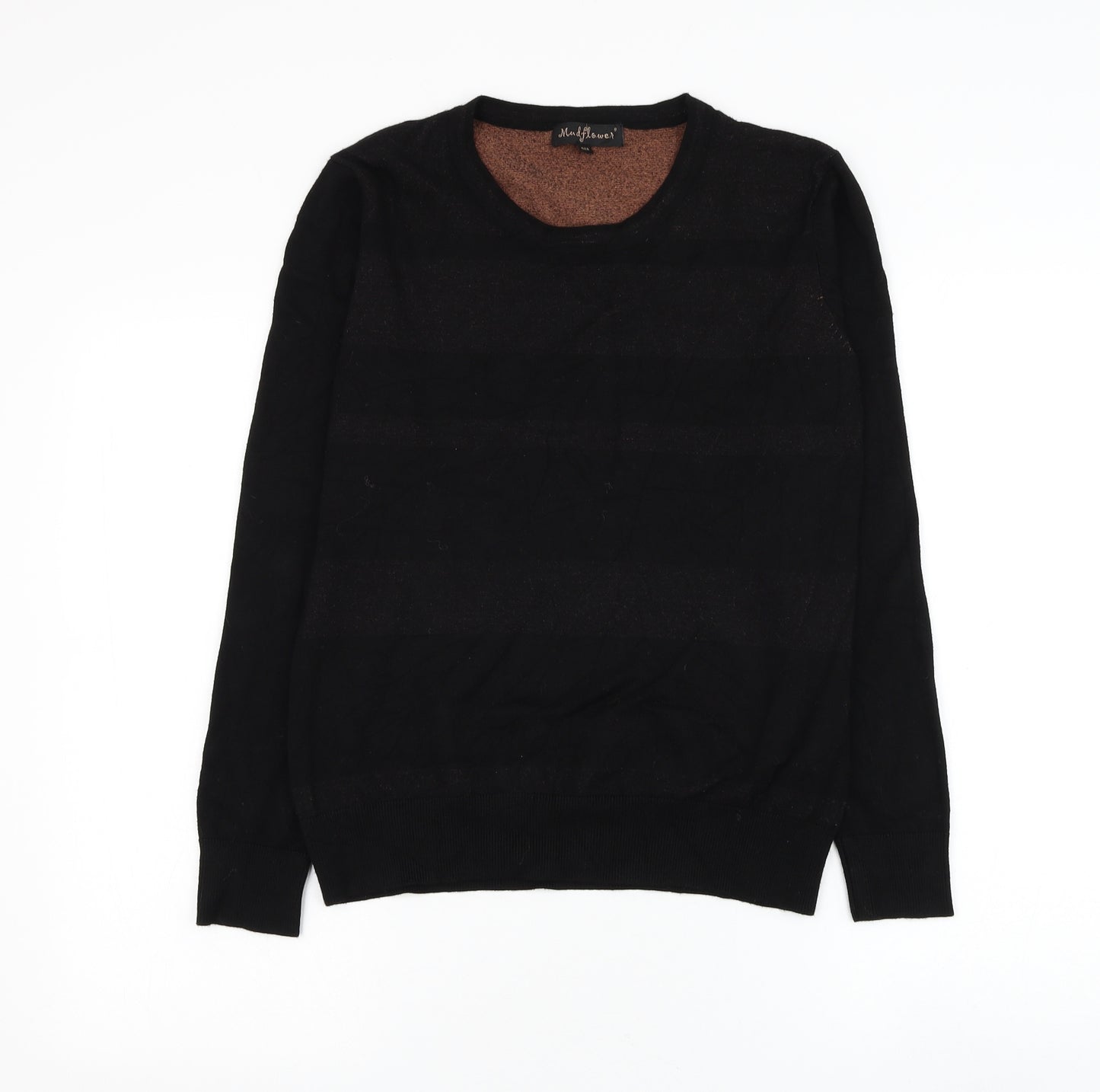 Mud Flower Womens Black Round Neck Striped Viscose Pullover Jumper Size S