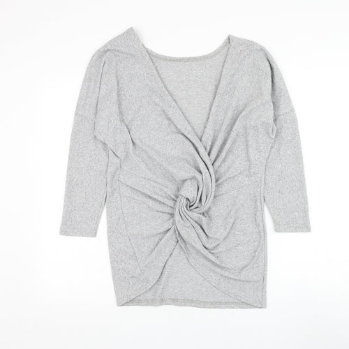 CBR Womens Grey V-Neck Polyester Cardigan Jumper Size S - Knot Front