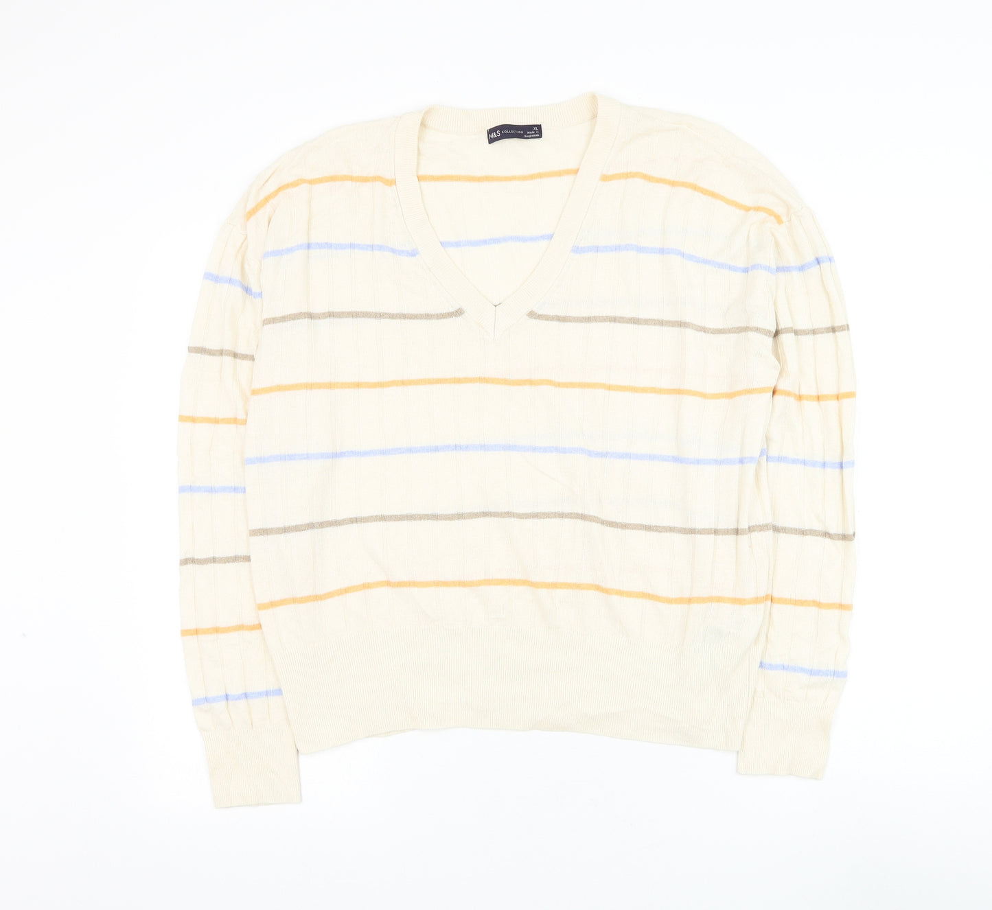 Marks and Spencer Mens Beige V-Neck Striped Flax Pullover Jumper Size XL