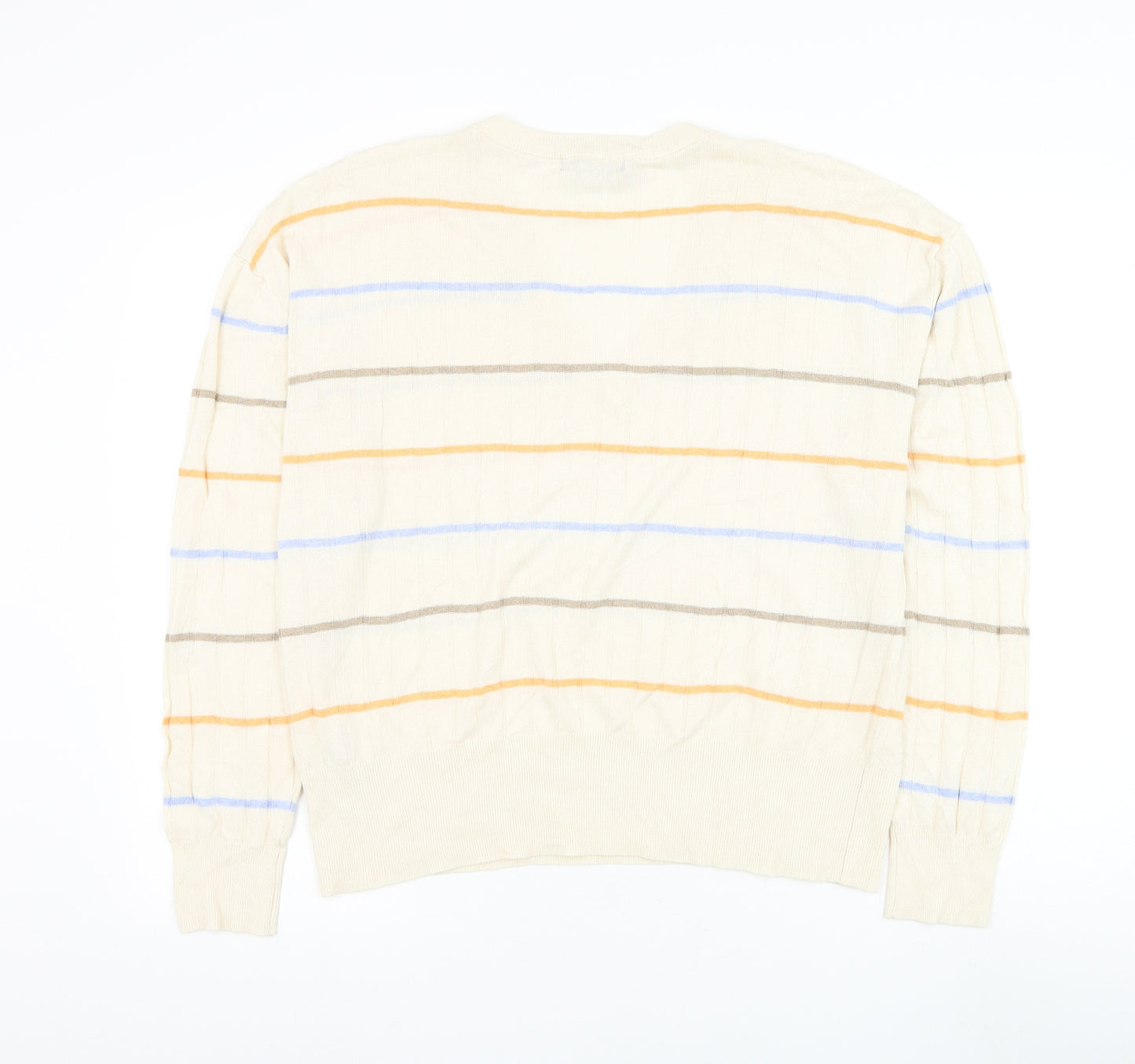 Marks and Spencer Mens Beige V-Neck Striped Flax Pullover Jumper Size XL
