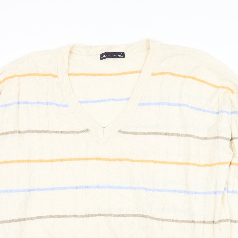 Marks and Spencer Mens Beige V-Neck Striped Flax Pullover Jumper Size XL