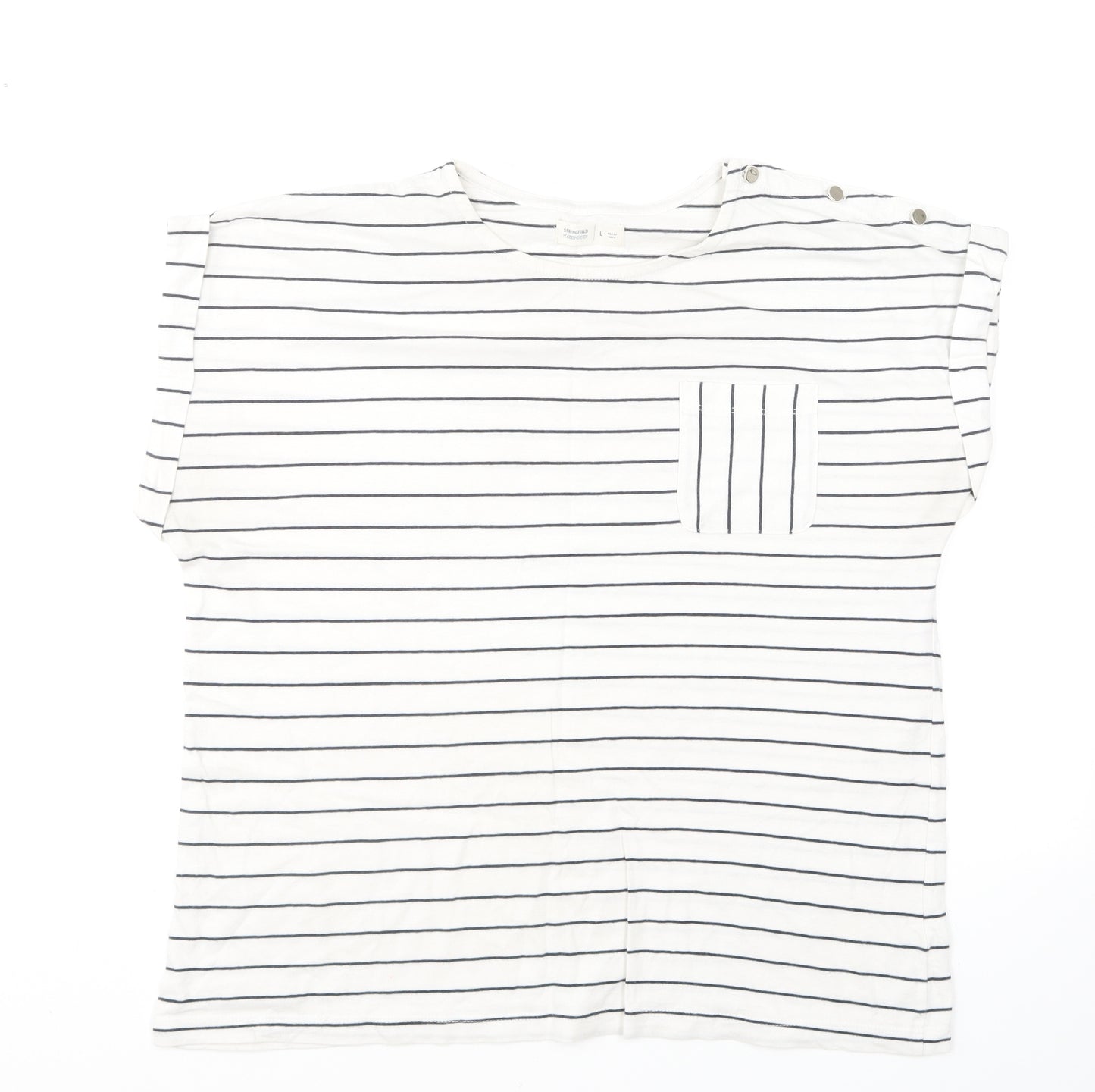 Springfield Womens White Striped Cotton Basic T-Shirt Size L Round Neck